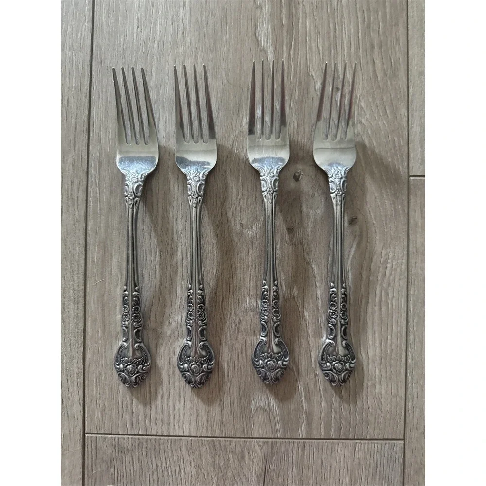 National SONORA Dinner Fork Stainless NS Japan Floral Glossy Silverware Lot of 4